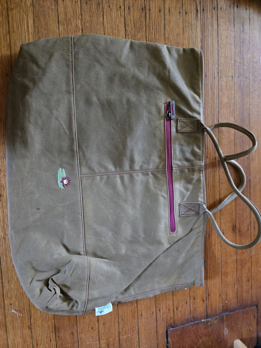 Olive Canvas Travel Tote with Pink Zip Accent